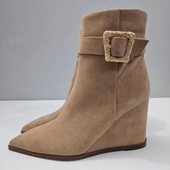NEW Sam Edelman Weslie Ankle Bootie Womens 7 Tan Suede Wedge Pointed Toe Buckle - Picture 13 of 13
